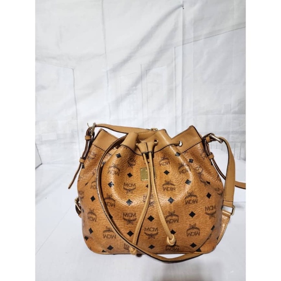 Authentic MCM Visetos Essential Drawstring Bucket Bag Cognac - Picture 12 of 16